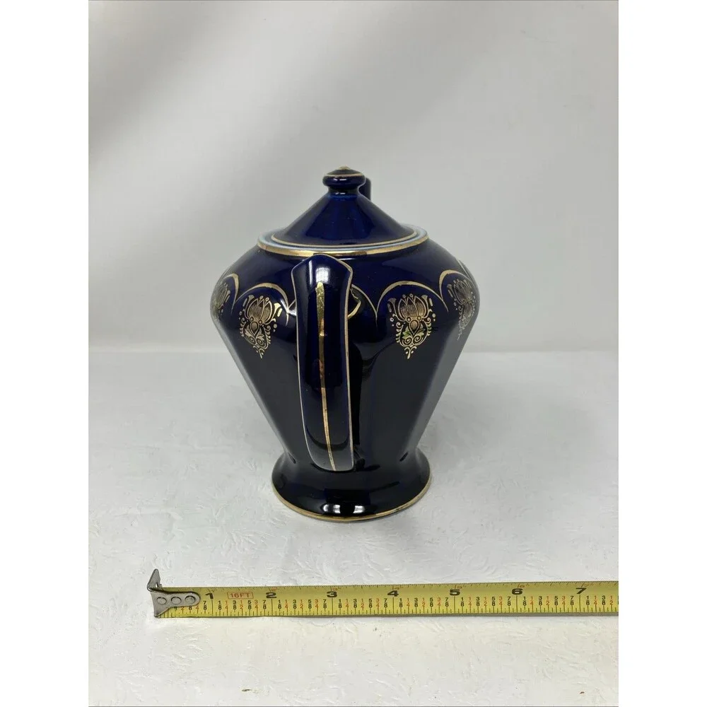 Hall USA Teapot Cobalt Blue & Gold 0223 Blue w Gold Trim 6 Cup Albany Model